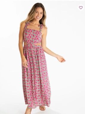 Natural Life Courtney Floral Maxi Puff Floral Pink Tie Shoulder Cutouts Dress S